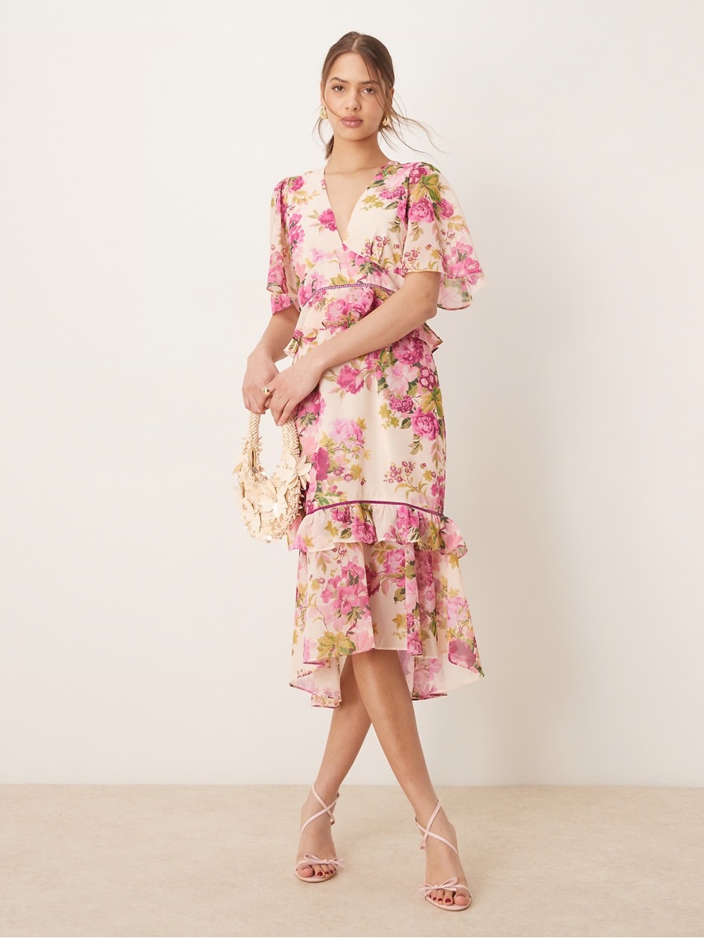 Hope & Ivy Blush Pink Floral Midi Dress with Ruffle Hem